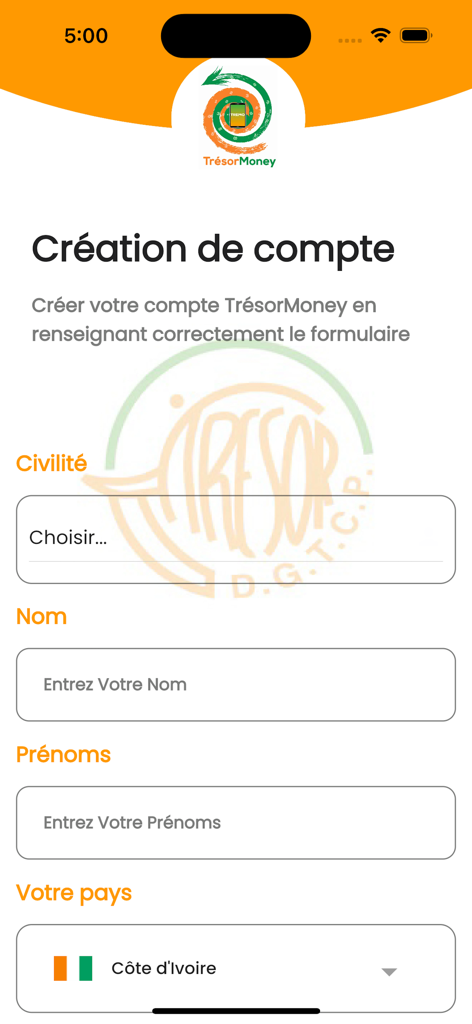 TRESOR MONEY mobile app signup form showing name and country selection fields