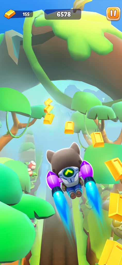 Talking Tom Time Rush - Talking Tom character flying with a jetpack through a jungle level to collect gold bars