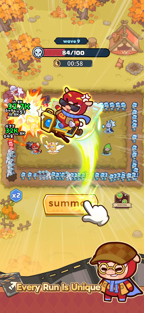 Penguin GO! - Collab - Gameplay of Penguin GO showing a battle wave with Boonie Bears characters and a summon button