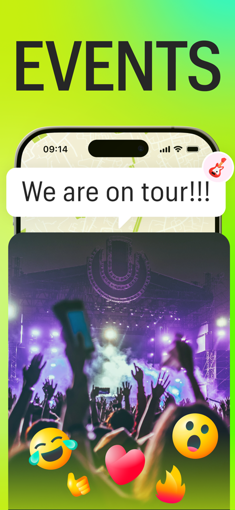 Meera: Geo-social network - Schermata dell'app Meera che mostra eventi dal vivo su una mappa con uno sfondo di concerto e reazioni sociali