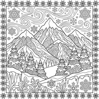 Unwind with this exquisitely detailed adult coloring page featuring a breathtaking winter mountain landscape, adorned with majestic snow caps and frosted pine trees. Immerse yourself in the serene beauty of a snow-covered wonderland, perfect for a relaxing creative escape.