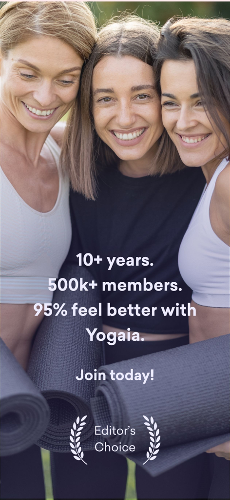 Three women smiling while holding yoga mats with text about Yogaia's ten year history and five hundred thousand members