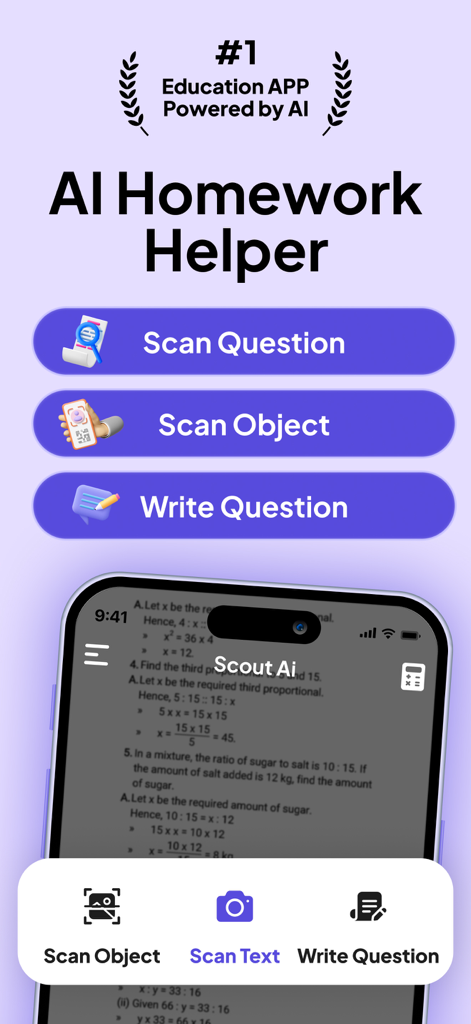 Interface of Scout AI Homework Helper app showing options to scan questions, scan objects, or write questions