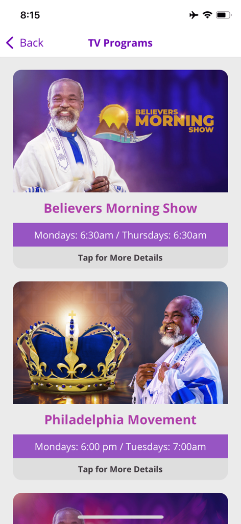 TV Programs list in the Second Chance Tv app featuring the Philadelphia Movement schedules