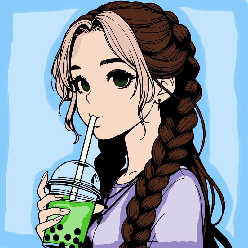 realistic girl with braided hair drinking boba