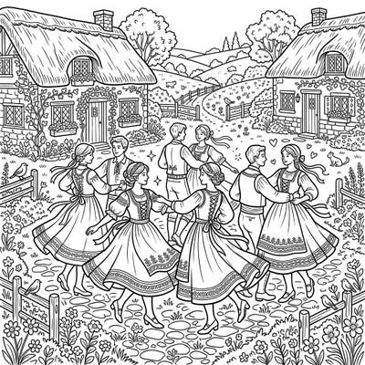 Step into a world of rustic charm with this enchanting folk dance coloring page, perfectly blending traditional merriment with a cozy cottagecore aesthetic. Featuring joyful dancers amidst picturesque cottages and lush natural landscapes, it's an invitation to unwind and color.