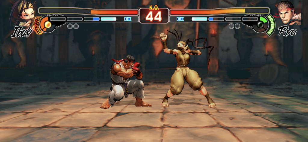 Gameplay screenshot of Street Fighter IV CE showing a battle between Ryu and Ibuki.