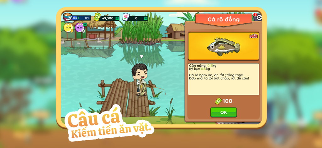 Trở Về Tuổi Thơ - Um rapaz de desenho animado a pescar num cais de madeira no jogo de simulação Return to Childhood