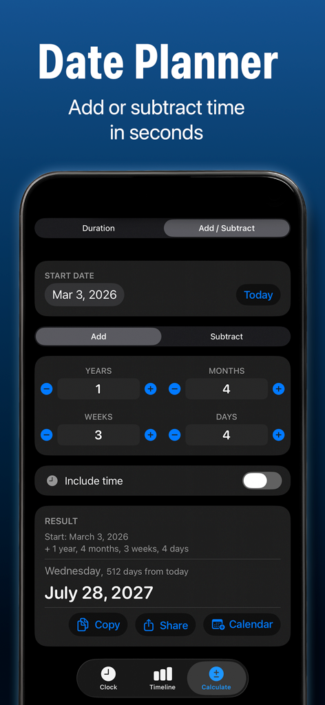 World Clock:Timezone Converter - Date planner screen in the World Clock app showing a date calculation feature for adding years and months to a starting date.
