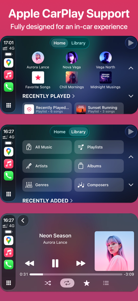Synic - Offline Music Player - Interfaz de Apple CarPlay para el Reproductor de Música Offline Synic con pantallas de navegación de biblioteca y ahora sonando