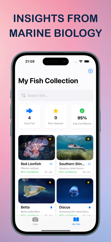 Marine Biology - Identify Fish - Interface of the Marine Biology app displaying a personal gallery of identified fish species