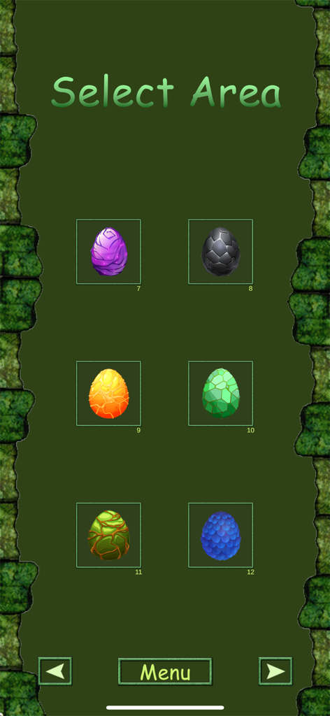 Select Area menu in Egg Shoot Dino game featuring various dinosaur eggs