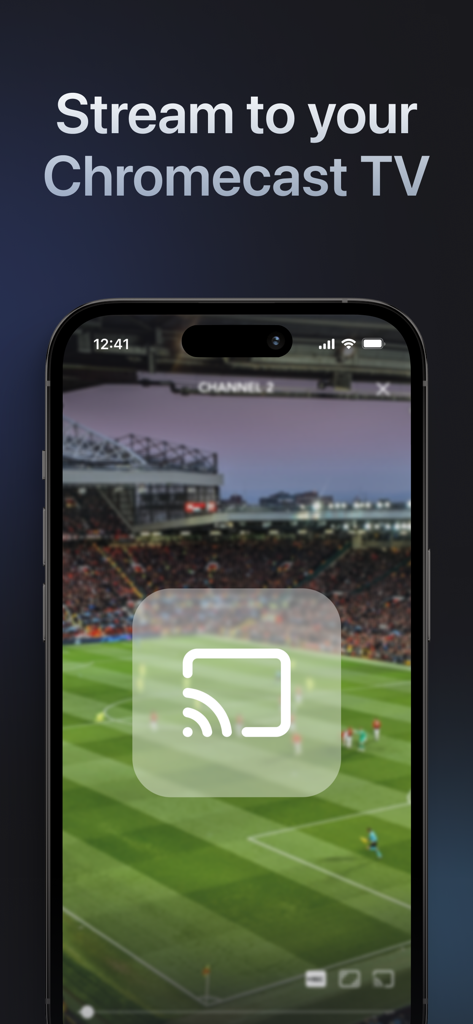 iPhone mostrando un partido de fútbol en vivo con un ícono de Chromecast y el texto Transmitir a tu TV con Chromecast.