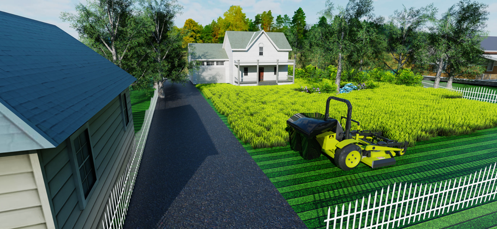 Grass Cutting Game - A yellow riding mower cutting a lawn in front of a white house.