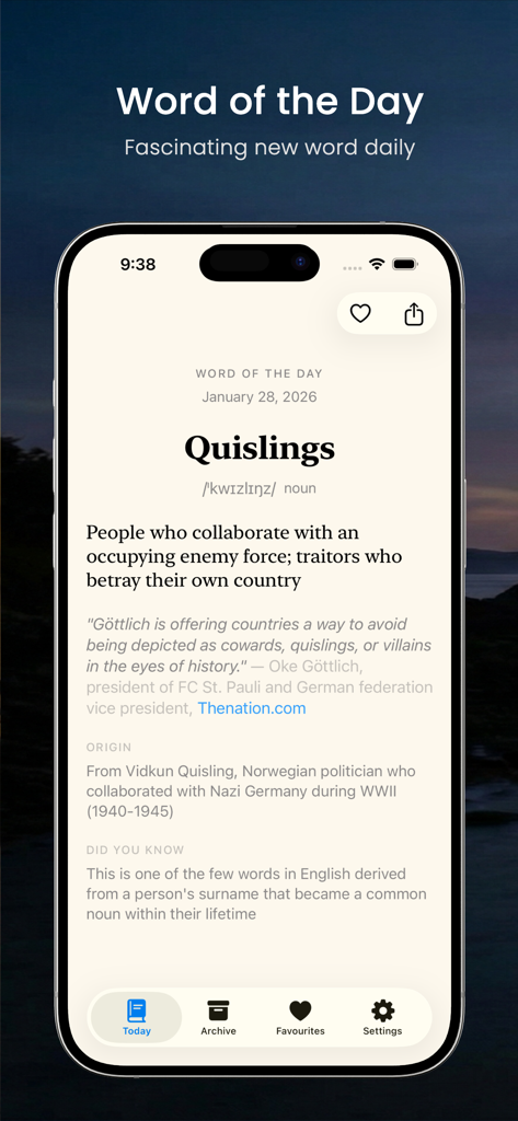 A mobile app screen for WOTD showing the word definition for Quislings including etymology and a news quote.