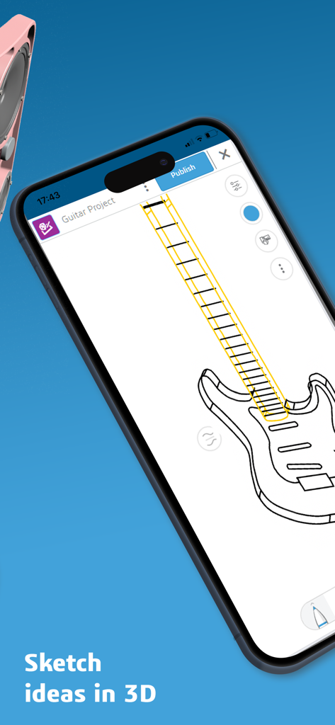 3DSwym - ギタープロジェクトの3Dスケッチと「3Dでアイデアをスケッチ」というテキストが表示された3DSwymアプリのスマートフォン画面