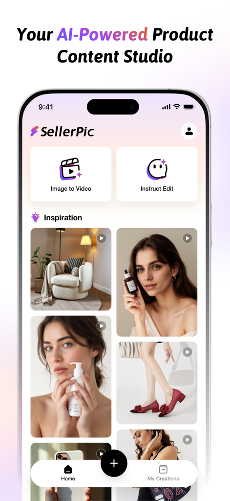 SellerPic - eコマース販売者向けの製品写真および動画作成のためのAI搭載ツールを示すSellerPicモバイルアプリインターフェイス。