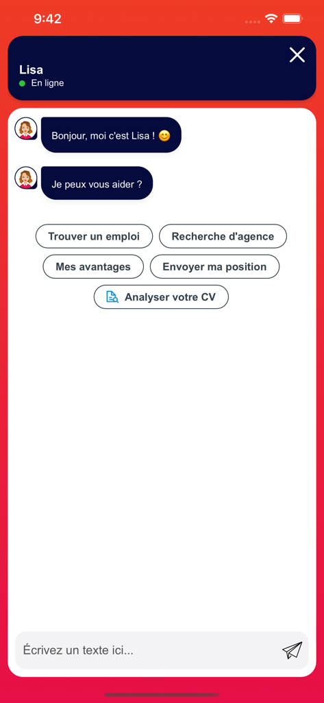 Interfaccia chatbot dell'app mobile Supplayer con assistenza automatizzata per trovare lavoro e gestire i benefit lavorativi