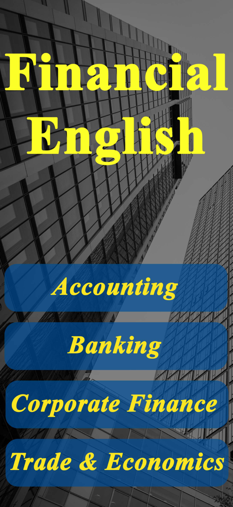 A mobile app screen for a Financial English course featuring topics like accounting banking corporate finance and trade and economics