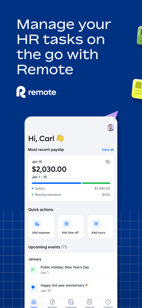 A tela inicial do aplicativo Remote Global HR no iPhone mostrando um resumo de contracheques, ações rápidas para despesas e folgas, e uma lista de próximos eventos de trabalho.