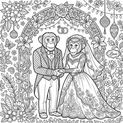 Celebrate love in the most charming way with our Chimpanzee Wedding coloring page, showcasing a beautifully dressed chimp bride and groom. This intricate design promises a delightful and unique coloring experience for all ages.