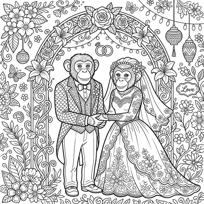 Celebrate love in the most charming way with our Chimpanzee Wedding coloring page, showcasing a beautifully dressed chimp bride and groom. This intricate design promises a delightful and unique coloring experience for all ages.