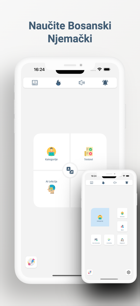 Écran d'accueil de l'application Naucite Bosanski Njemacki présentant des leçons IA et des tests de langue