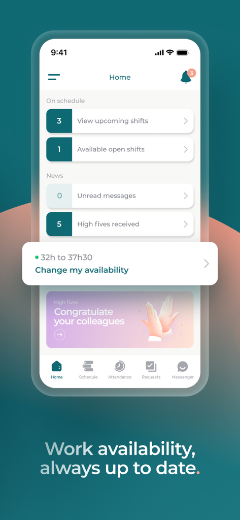 Agendrix app home screen showing upcoming work shifts and the option to change work availability