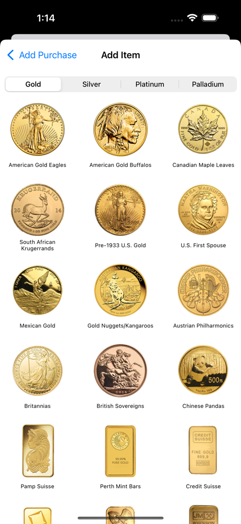 Screen showing a variety of gold coins and bars available to add to the inventory in the Gold Tracker app