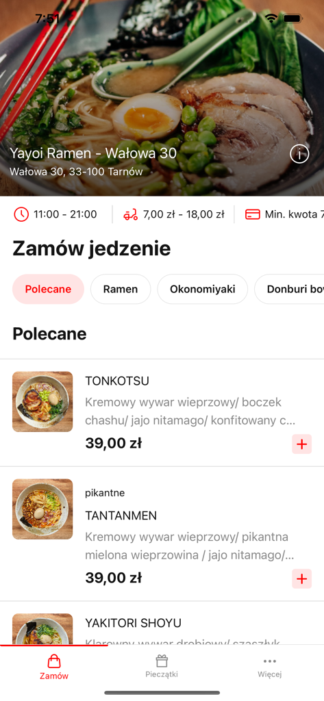 Mobile app menu for Yayoi Ramen and Sushi World displaying ramen options and prices.