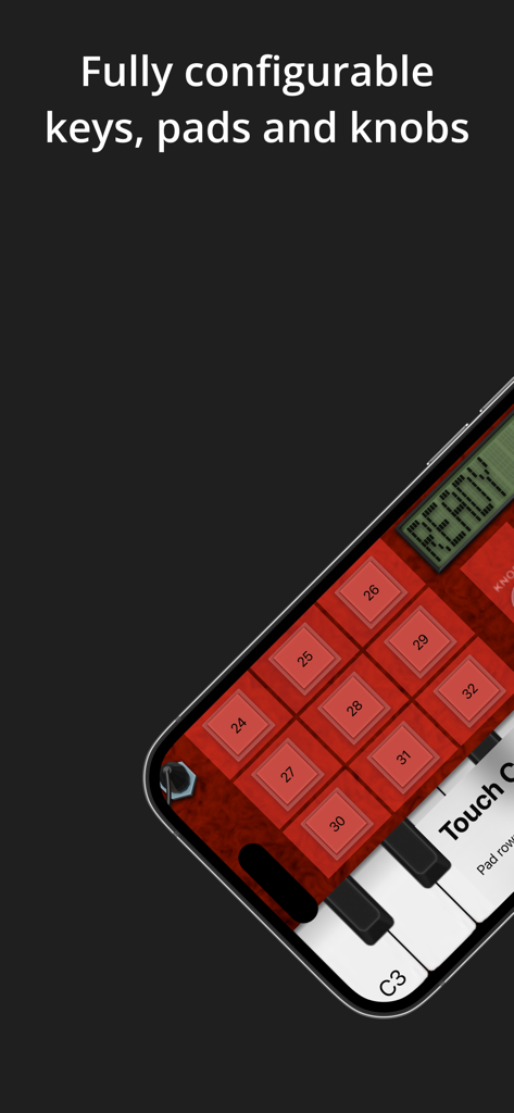 Keys : MIDI Controller - Oberfläche der Keys MIDI Controller App auf einem iPhone zeigt konfigurierbare rote Drum-Pads und Klaviertasten.