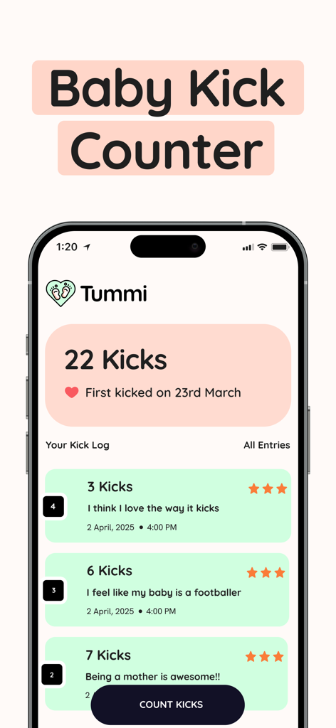 Baby Kick Counter & Tracker・ - Interface of the Baby Kick Counter app showing a daily movement log and kick count summary