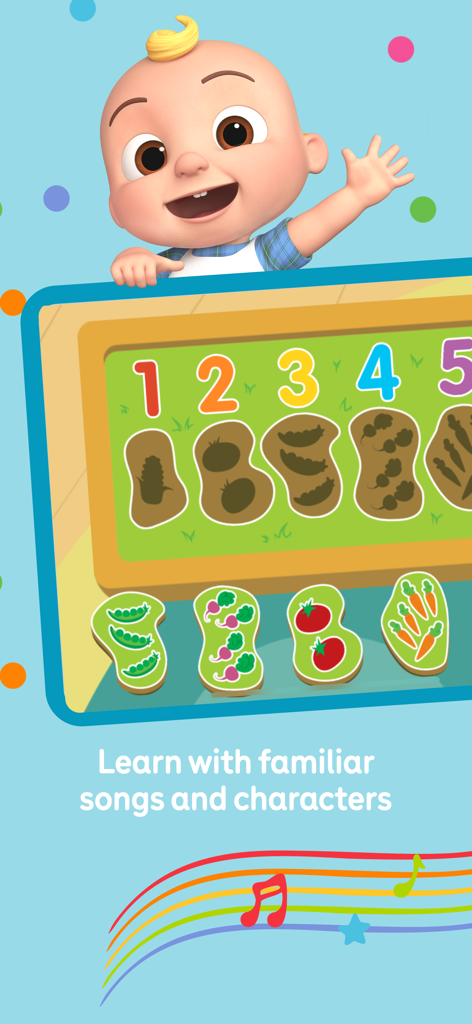 CoComelon: Learn ABCs and 123s - JJ de CoComelon saludando junto a un juego de contar verduras con los números del uno al cinco