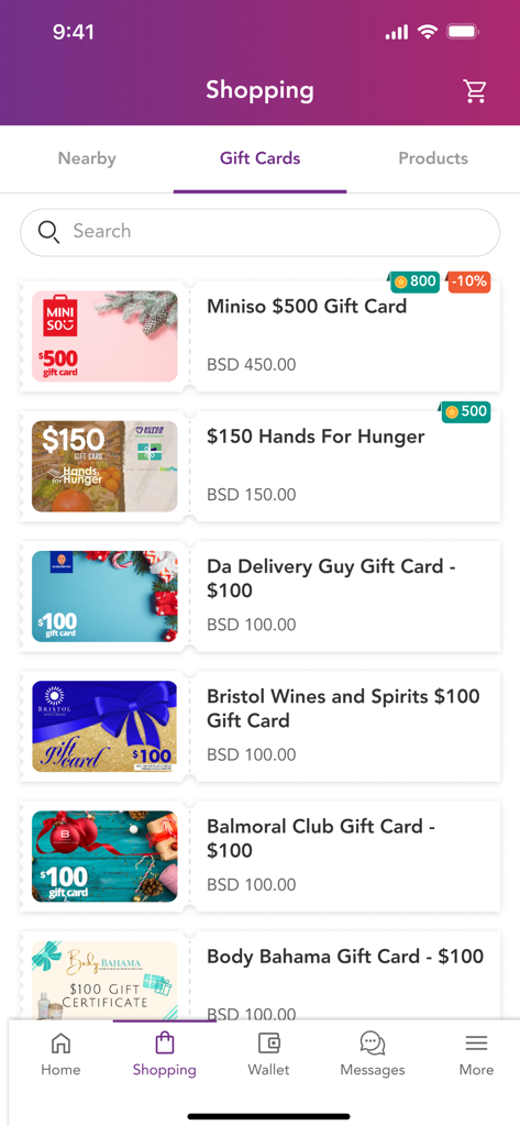 Una pantalla de aplicación móvil que muestra una variedad de tarjetas de regalo disponibles para comprar en Dólares Bahameños.