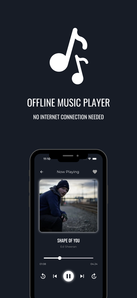 Offline Music Player - Play - Interfaz de la aplicación Reproductor de Música Offline mostrando una pantalla de reproducción de canciones con carátula del álbum y controles