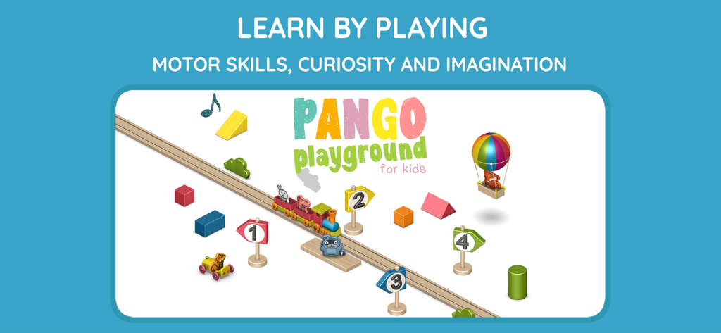 Pango Playground for kids - Educational gameplay scene from Pango Playground featuring a wooden toy train on tracks with colorful geometric shapes and cute animal characters.