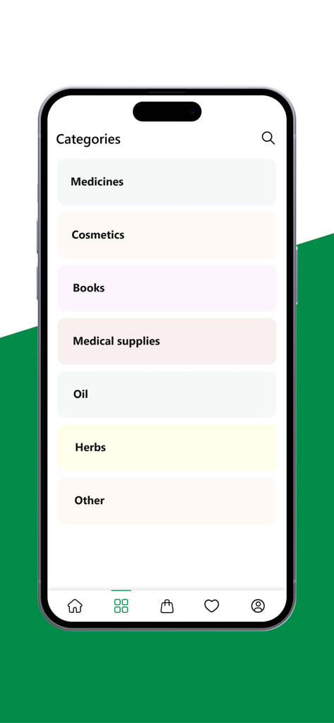 Natali Pharm app categories page showing medicines cosmetics and medical supplies