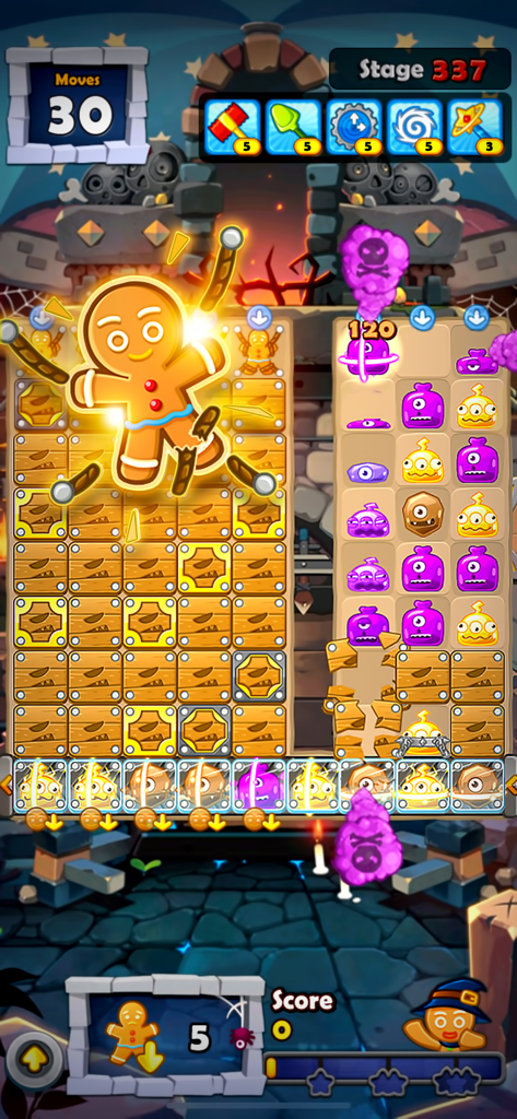Monster Busters:Match 3 Puzzle - Monster Busters Match 3 Puzzle gameplay screenshot showing a gingerbread man being rescued