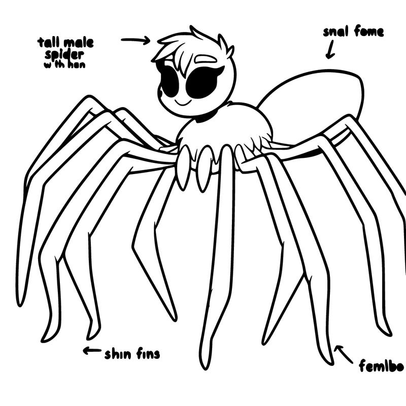 a tall spider male who is thin with white fur and pink spots and is also a striper, and is a femboy