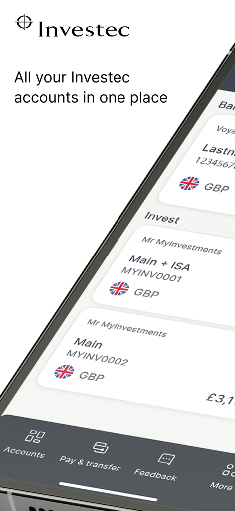 Investec UK app interface showing a list of bank and investment accounts in GBP