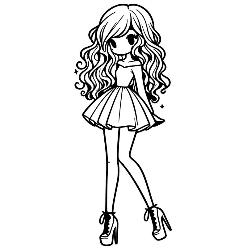 girl with short dress and high heels with long curly hair