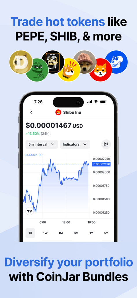 CoinJar: Buy Bitcoin & Crypto - App mobile CoinJar che mostra il grafico dei prezzi di Shibu Inu e i pacchetti di portafoglio per il trading di criptovalute