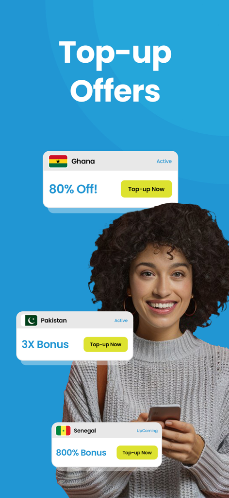 Talk Home: Cheap Calls - Pantalla de smartphone mostrando ofertas de recarga de la aplicación Talk Home para llamadas internacionales a Ghana, Pakistán y Senegal