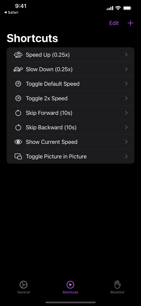 Accelerate for Safari - Accelerate for Safari shortcuts settings menu for video playback speed and media controls on iPhone
