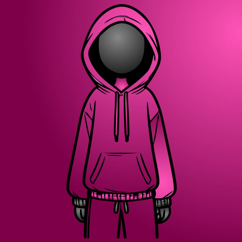 faceless girl in a tracksuit with a hood on and no hair