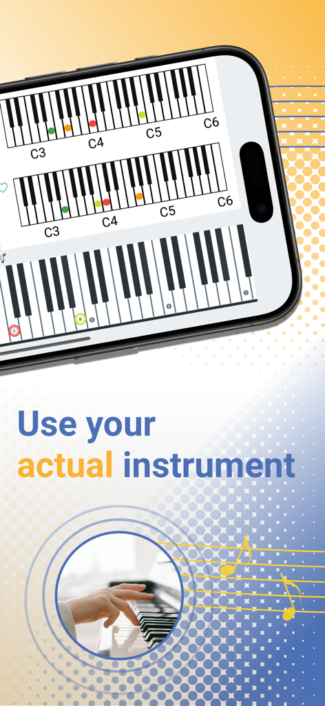 Recurso do aplicativo Pianolytics mostrando como praticar usando um instrumento de piano real