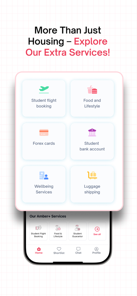Amber: Student Housing & Apt - Amber app interface showing student services for flight booking and banking