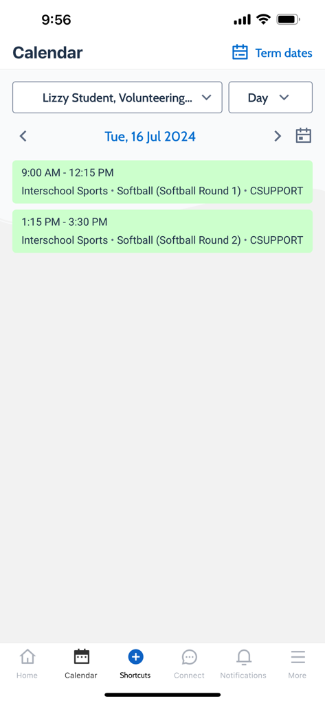 Compass School Manager - Calendar screen in Compass School Manager displaying student sports events