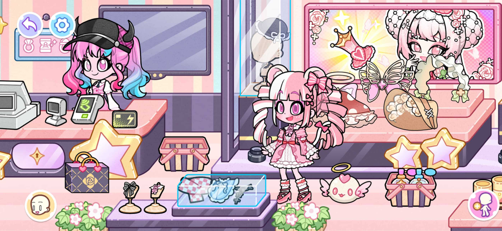 Angela World：Avatar Life - Two cute characters interacting in a pink fashion boutique with clothing and accessories on display.