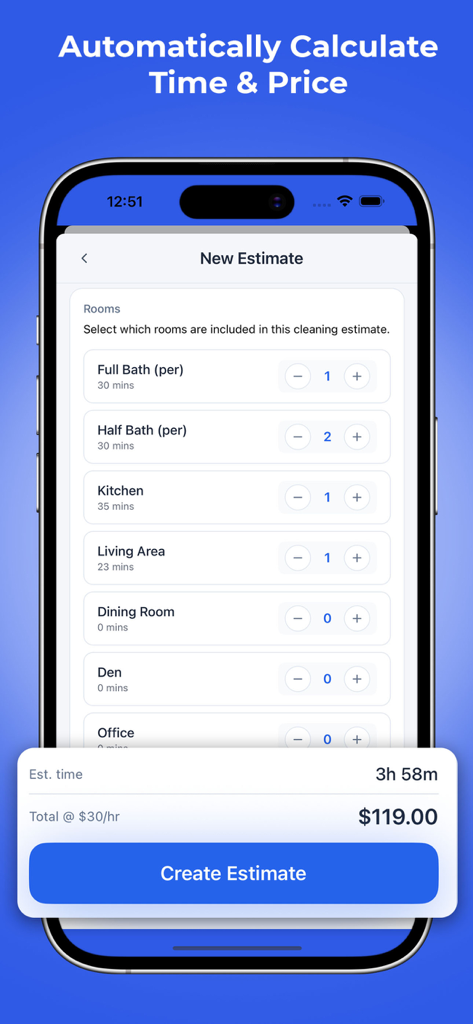 MaidGrow mobile app interface for calculating cleaning estimates by room type and time